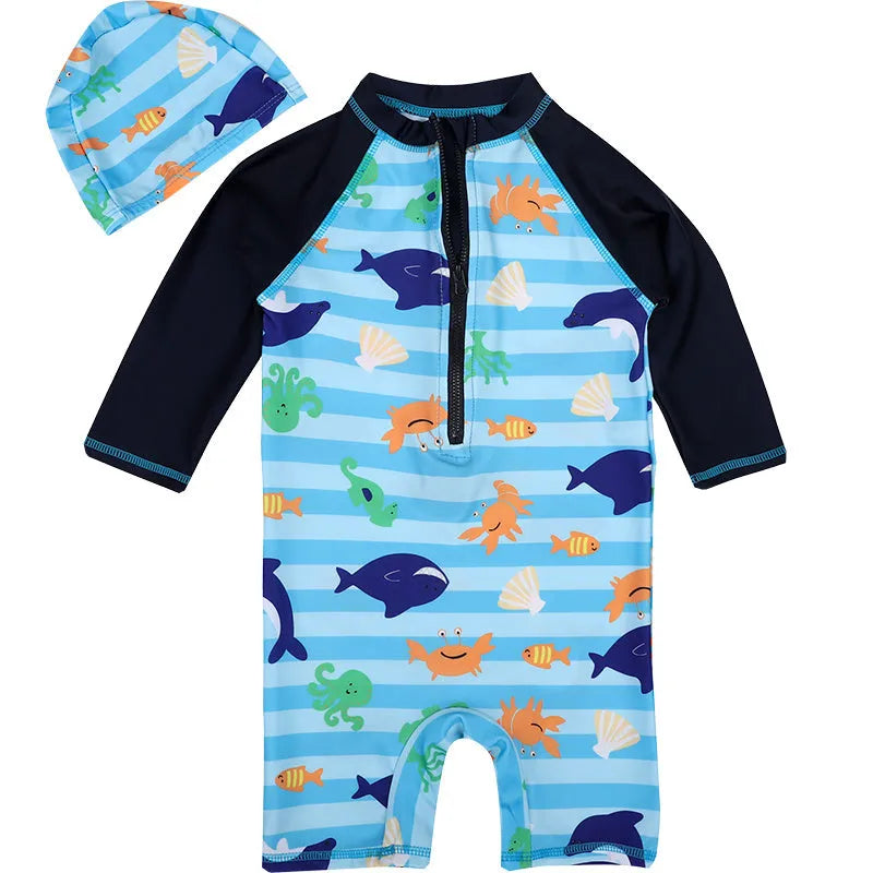 Children's one-piece swimsuit in striped shark pattern, available in sizes 2-10 yards, made from polyester-oxygen blend