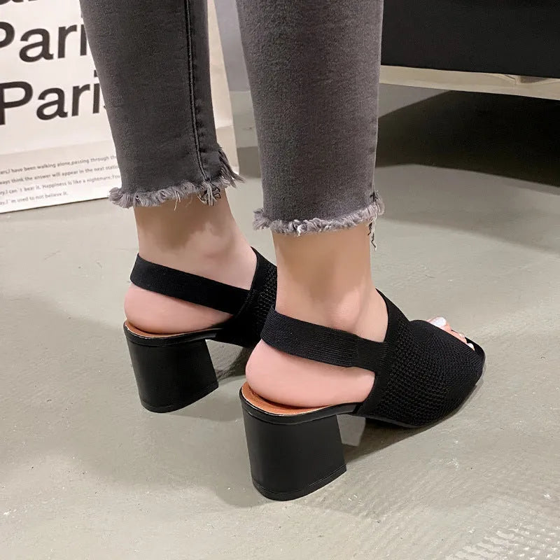 Women's flyknit chunky heel sandals with square toe, mesh upper, rubber sole, black, sizes 35-42