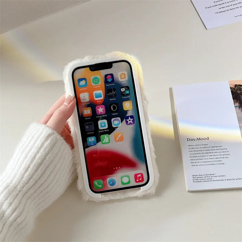 TPU phone case with plush embroidery happy cat and furry texture for Apple iPhone