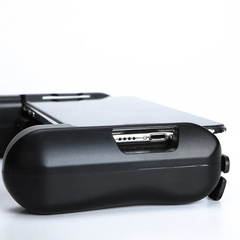 Black cooling Bluetooth game controller for iPhone showing size and button layout.