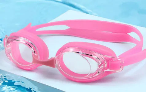Adult swimming goggles with myopia correction lenses and a hard protective storage case.