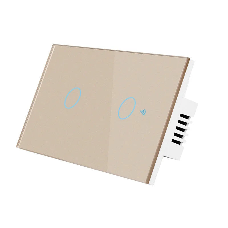 White 2-gang RF touch light switch with tempered glass panel and blue LED indicator.