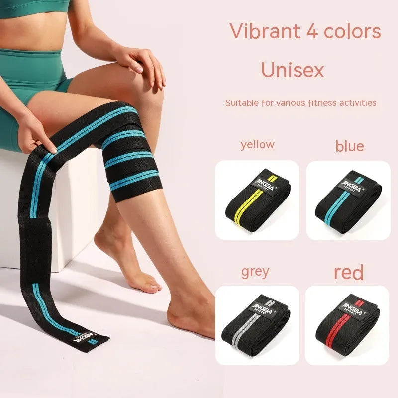 Adjustable sports knee pads for weightlifting and cycling in blue, gray, red, or yellow.