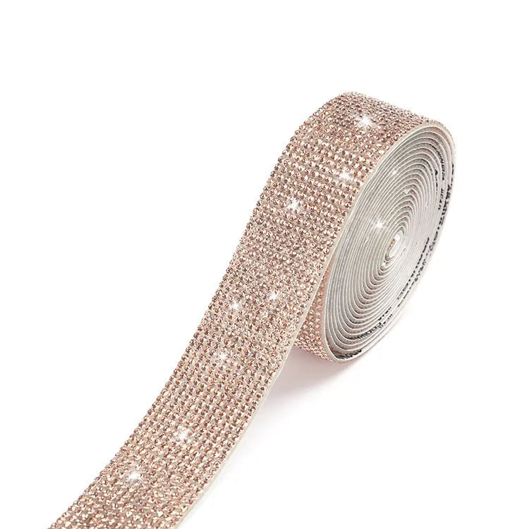 Electroplated glass self-adhesive water drill strip in white and AB colour, showing different width sizes.
