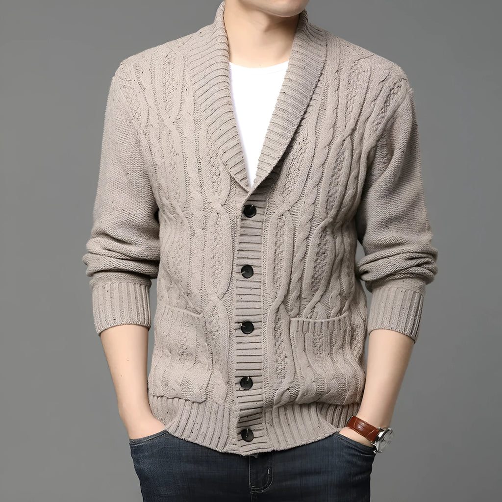 Men's Korean style jacquard knitted cardigan jacket in black colour with straight cut design