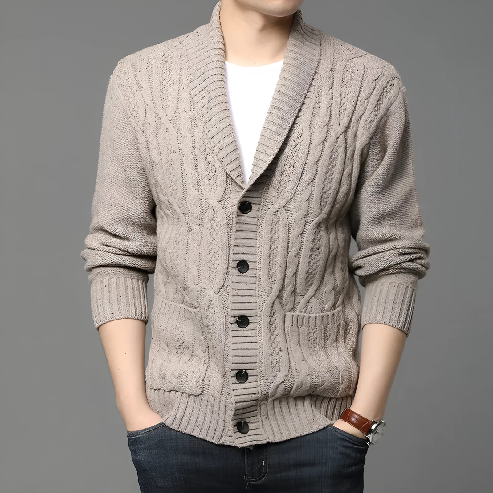Men's Korean style jacquard knitted cardigan jacket in black colour with straight cut design