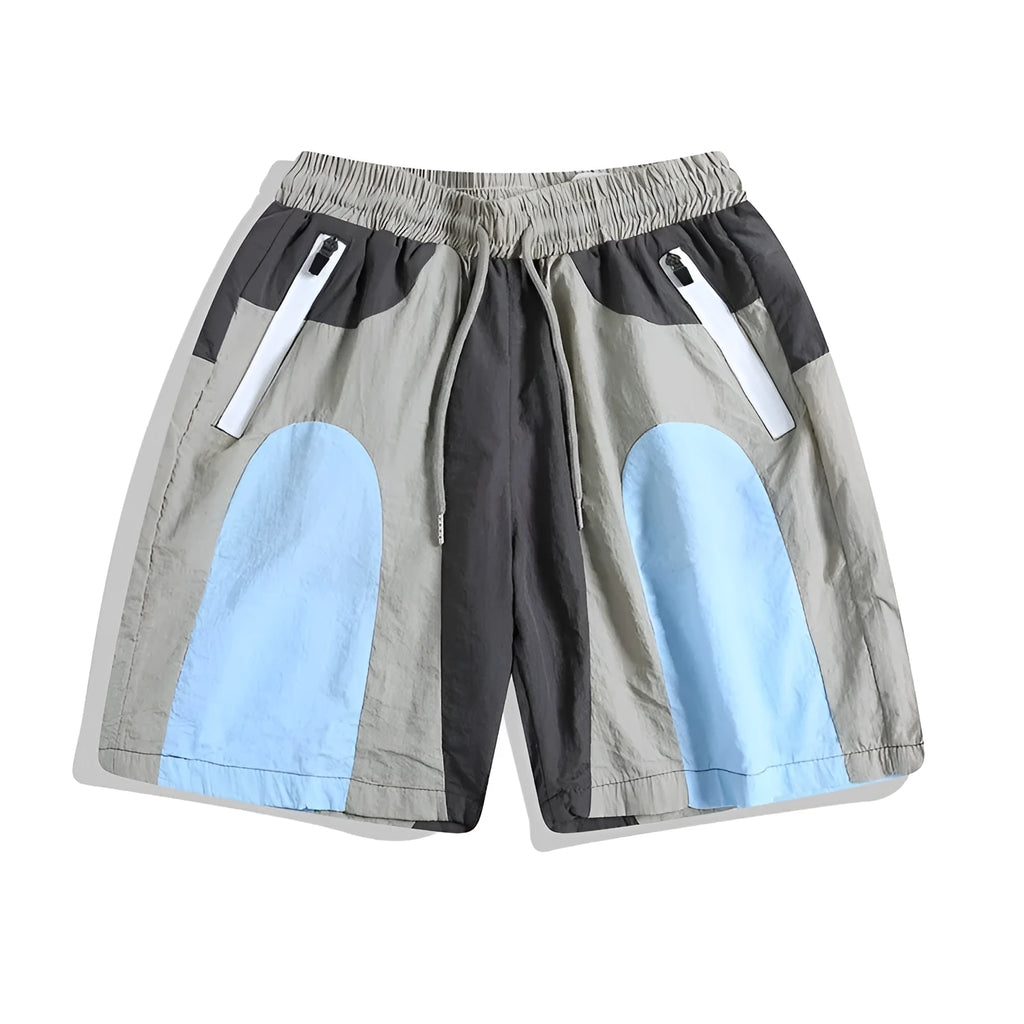 Blue patchwork quick-drying outdoor sports shorts with straight-leg loose fit design