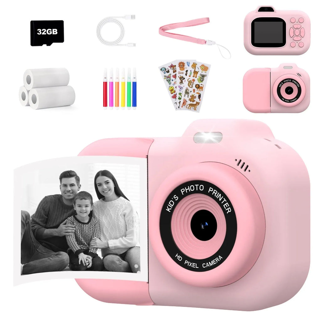 Children's camera toy in pink blue or purple colours with video recording photography and game functions