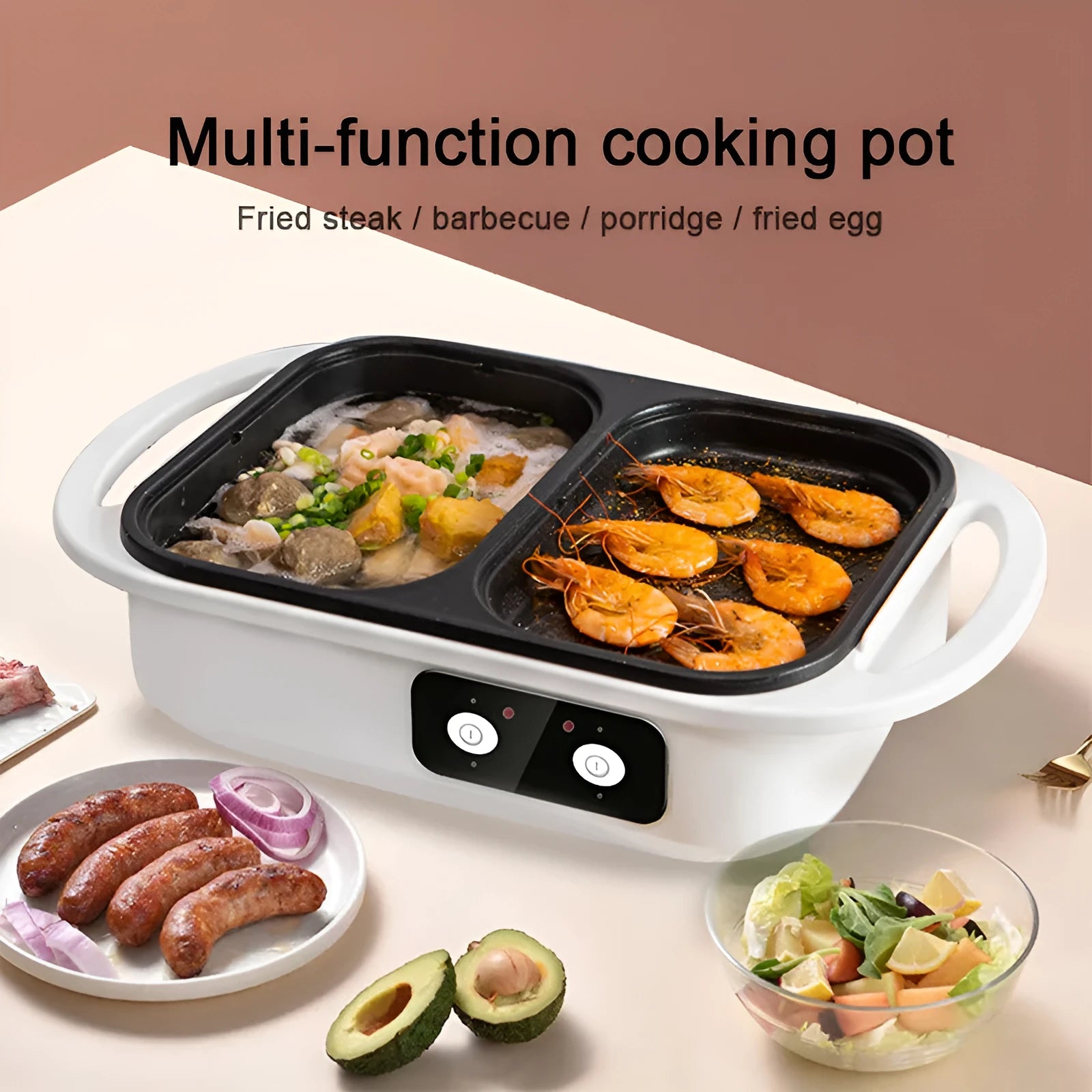 Green and white dual-function electric hot pot and frying oven appliance for 2-3 people