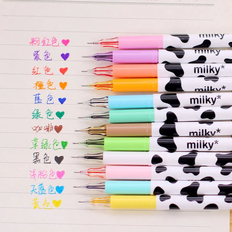12-colour cow gel pen set with 0.38mm fine tip and plastic barrels