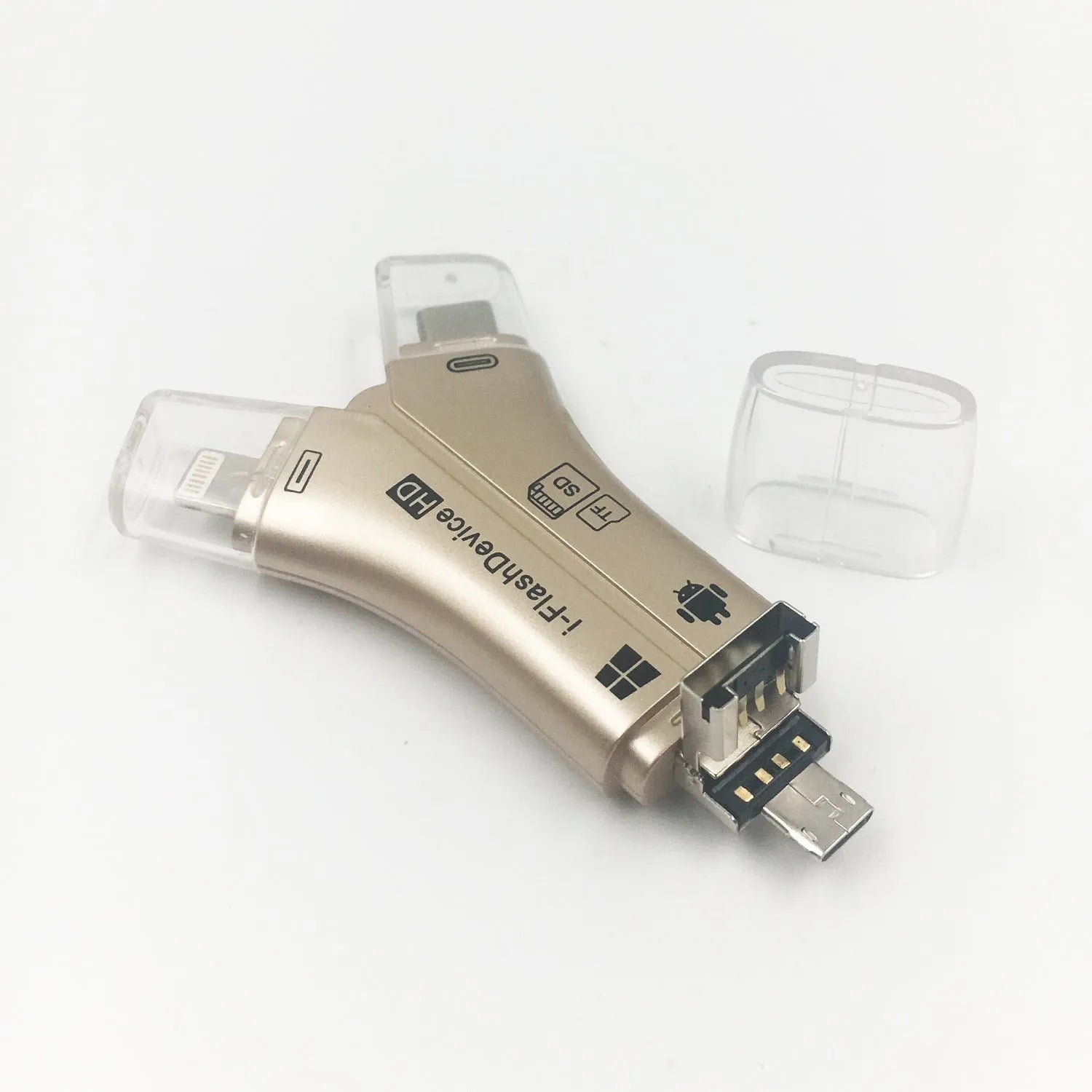 White 4-in-1 card reader for iPhone and Android with SD and Micro SD slots