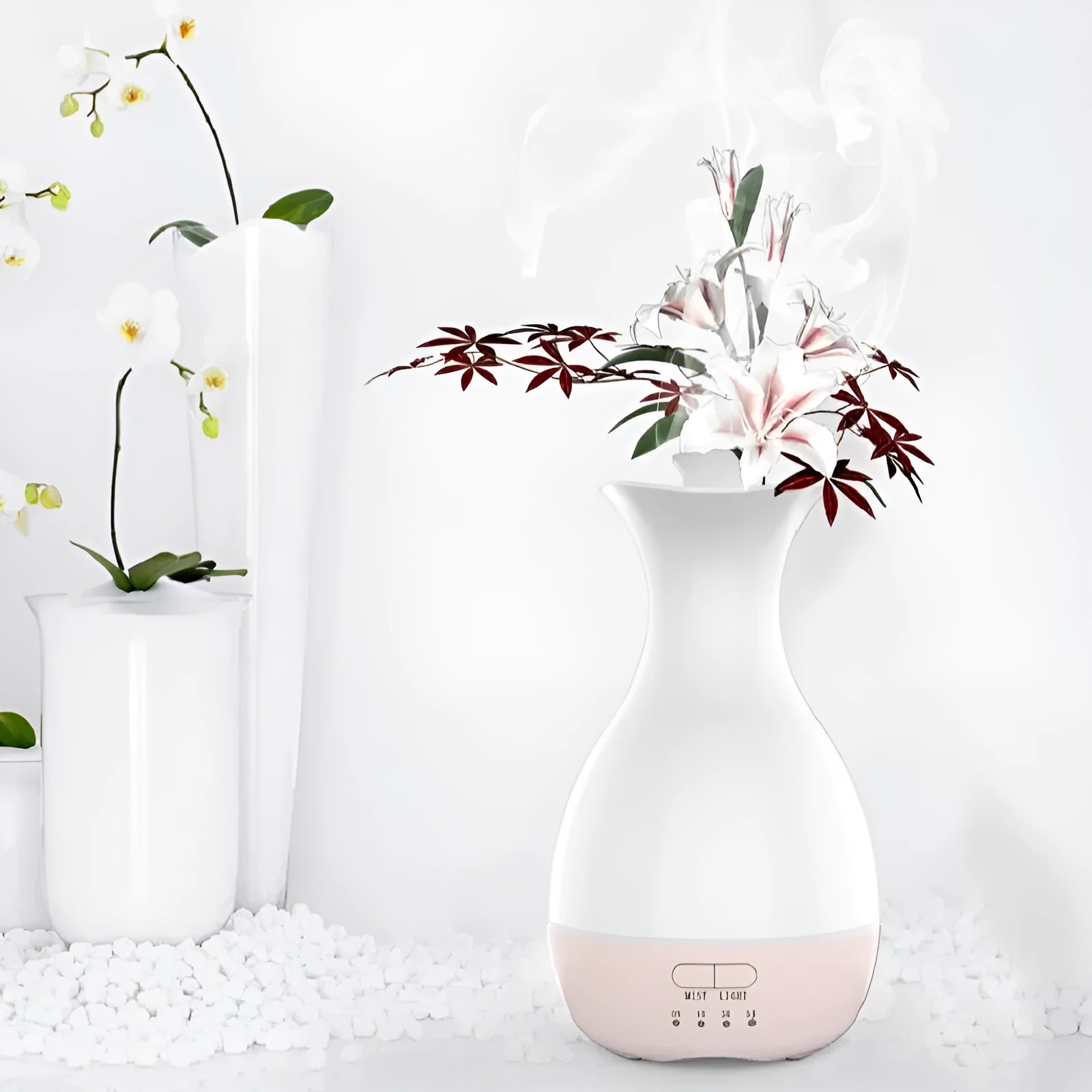 White ultrasonic humidifier and essential oil diffuser with colourful LED night light and 200ml water tank