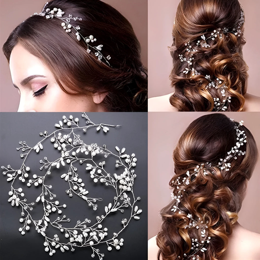 Long silver wire hair band with crystal and pearl decorations for bridal hairstyling.