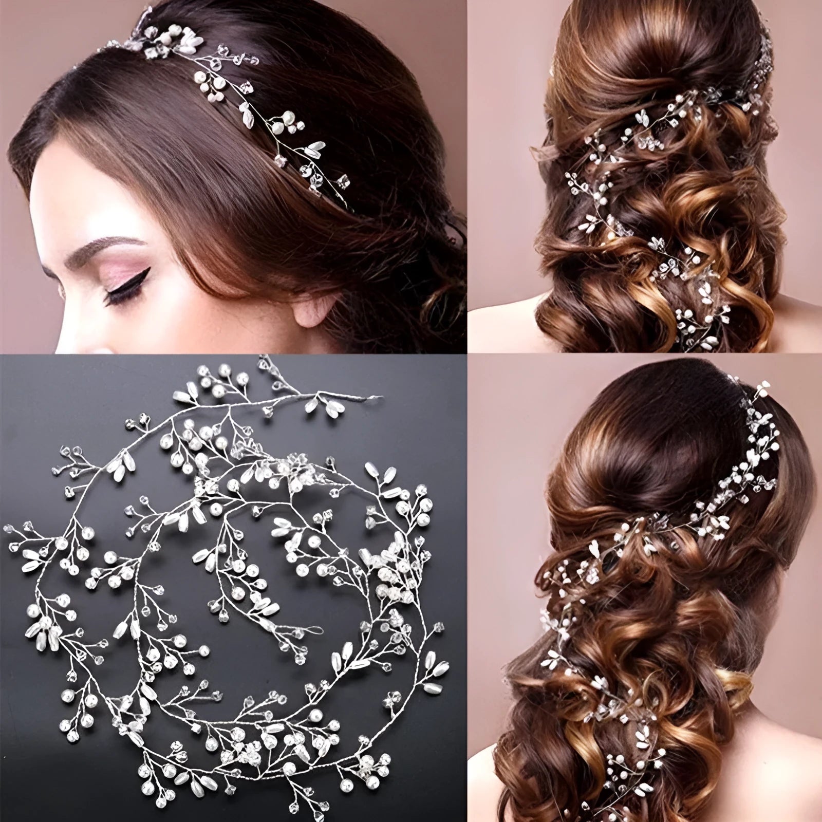 Long silver wire hair band with crystal and pearl decorations for bridal hairstyling.