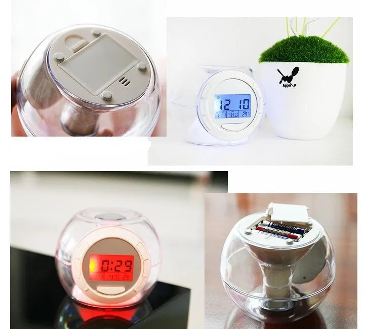White colourful natural sound alarm clock with LCD display showing time and temperature