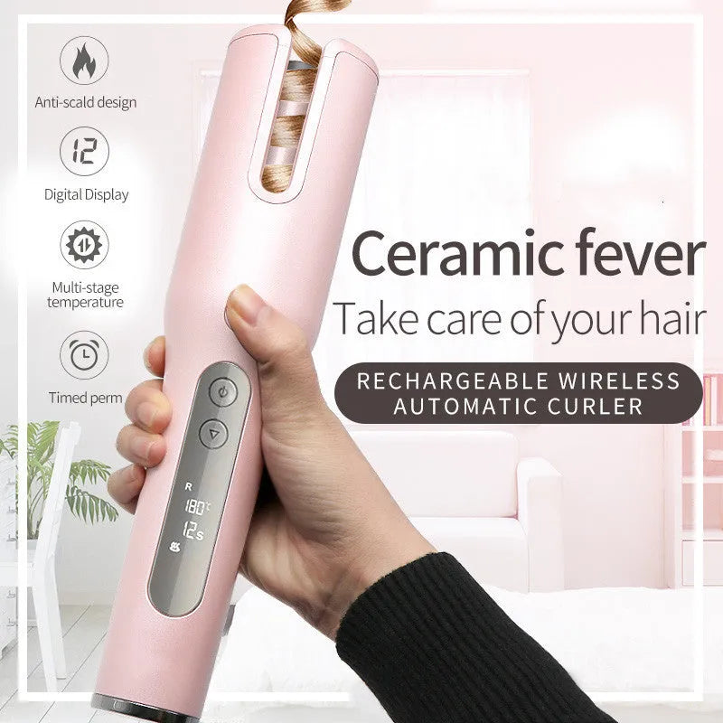 Wireless automatic hair curler with LCD screen, ceramic heating tube and 4800mAh battery, shown in pink