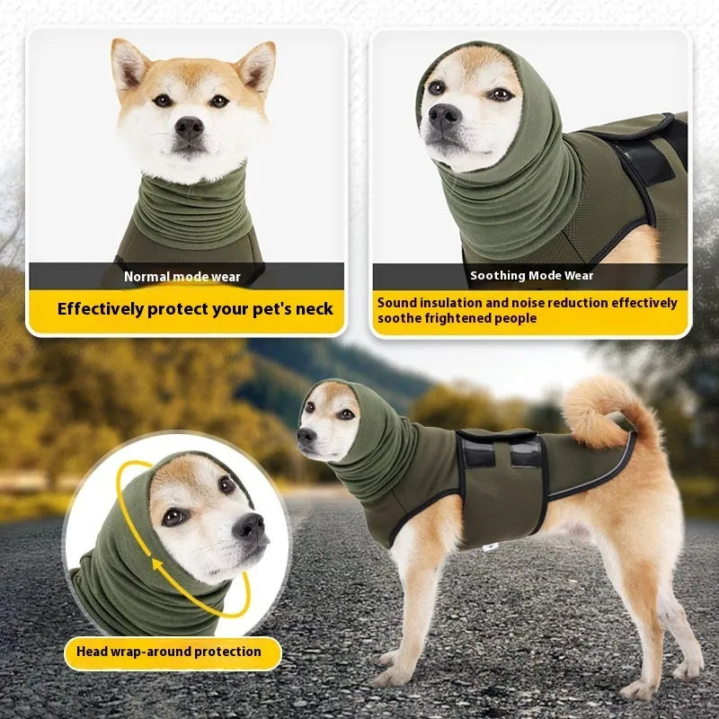 Army Green polyester dog anti-anxiety jacket shown on medium-sized dog