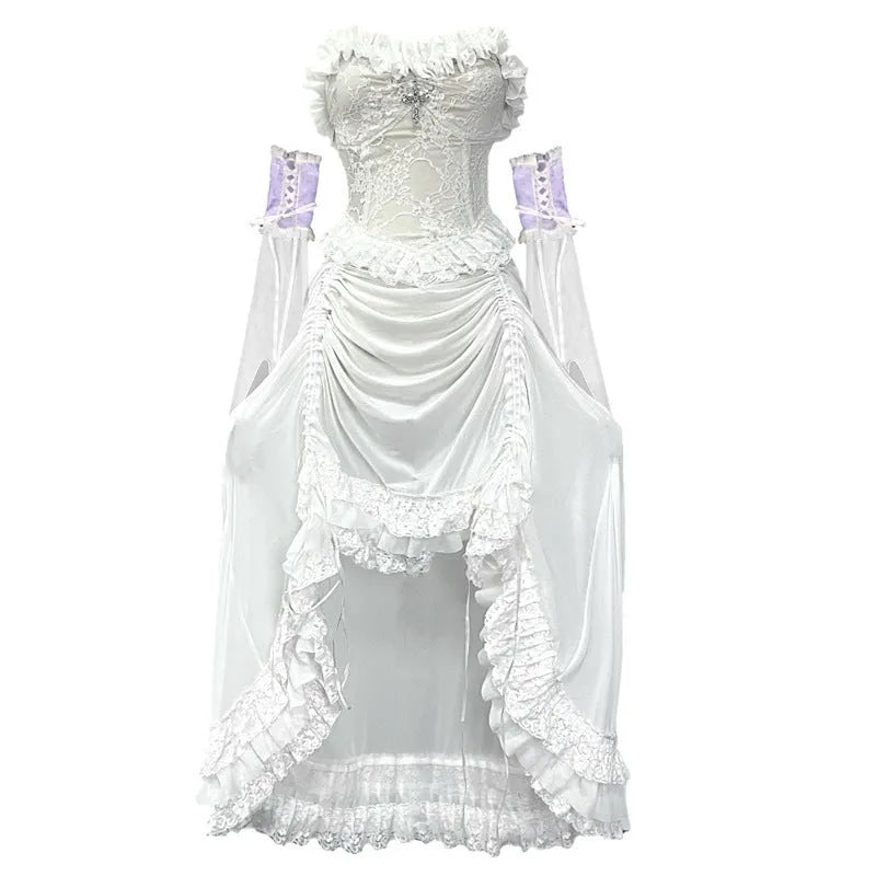 Chinese style white gothic drawstring mesh dress with dark straps and detached oversleeves on display