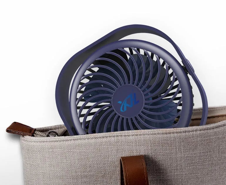 USB-powered desk fan with 360-degree rotation in a modern simple style, shown in blue.