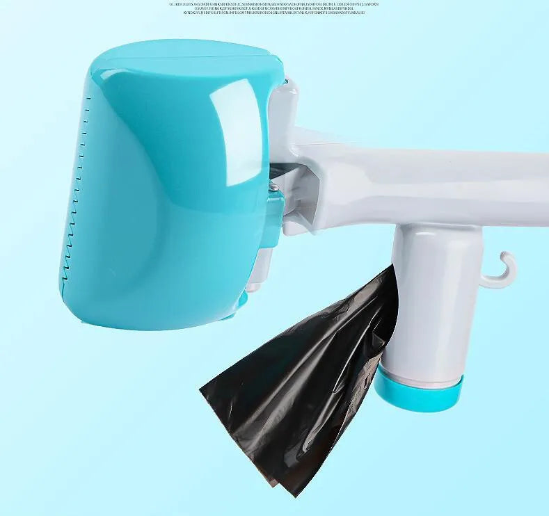 Blue plastic extended handle toilet clamp for pet waste pickup on a white background