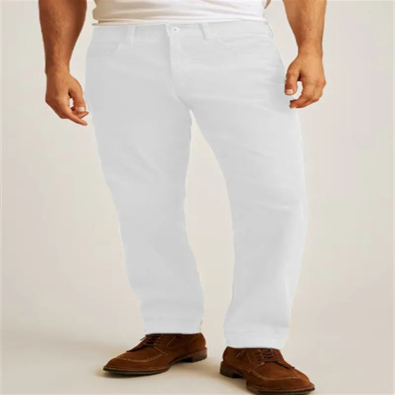 Army green corduroy straight-leg casual trousers laid flat, showing mid-waist and zip fly.