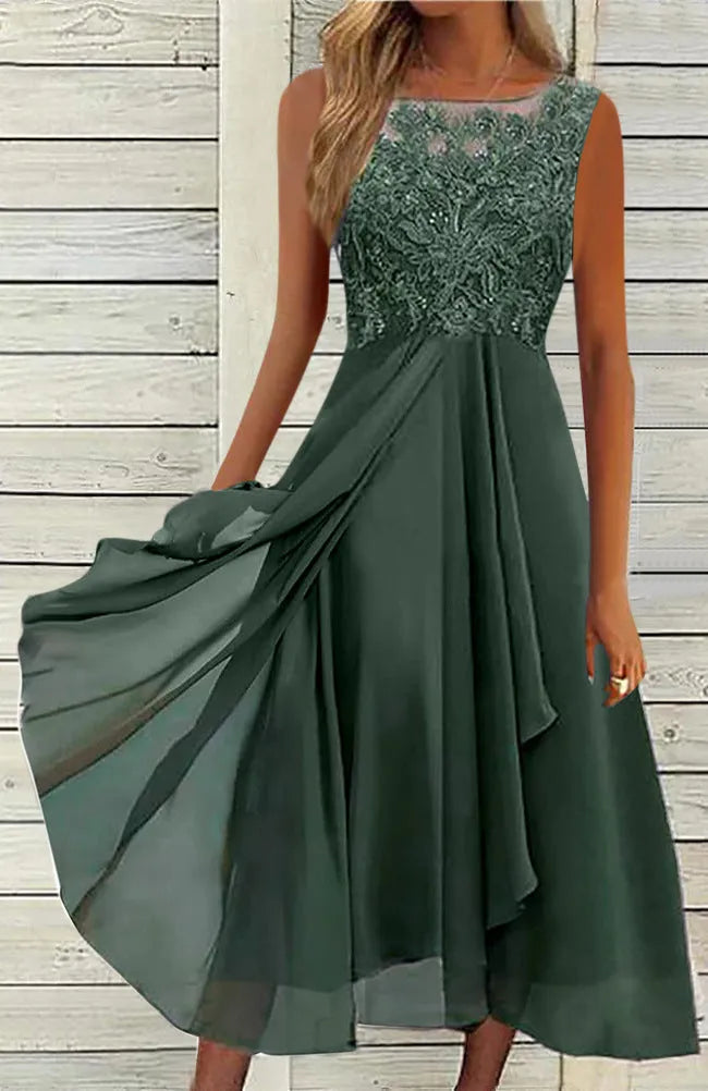 Women's sleeveless stitching lace and chiffon dress in blue, green, or purple, showing midi length and princess style.