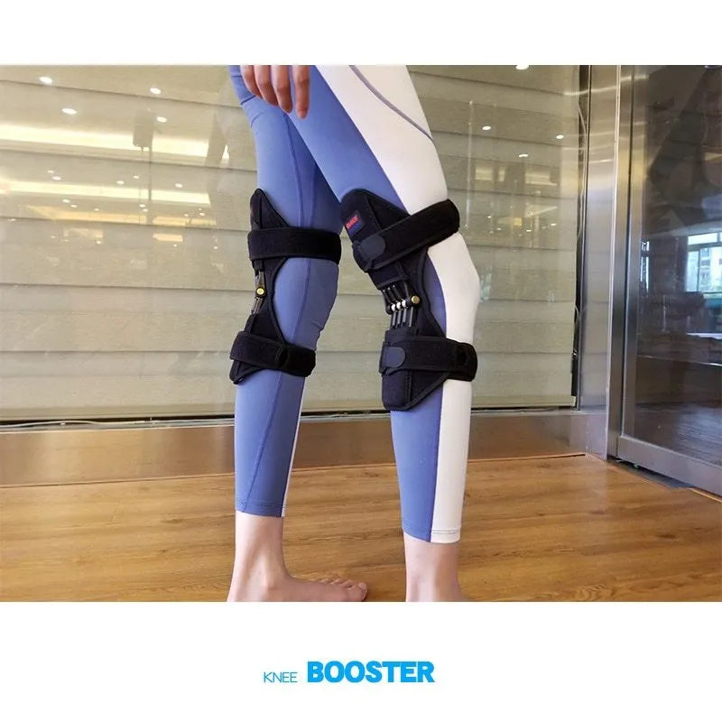 Adjustable spring knee brace support for mountaineering and squat sports, shown in black.