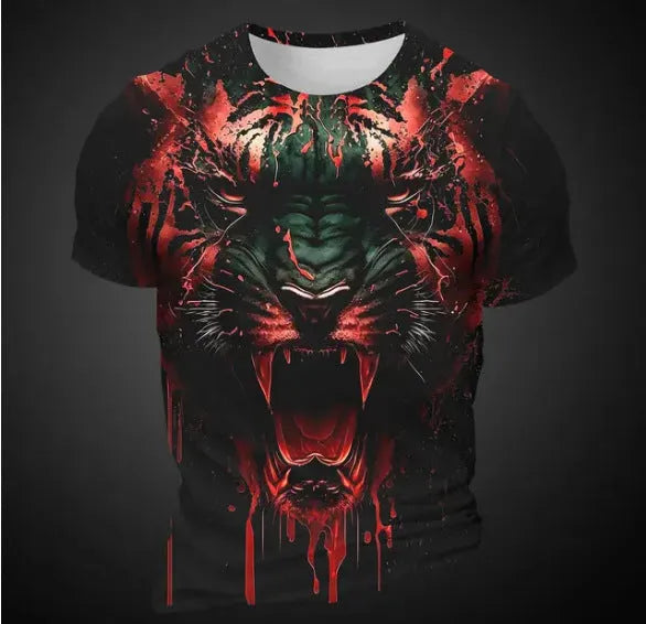 Men's grey T-shirt with a detailed 3D tiger head graphic printed on the front.