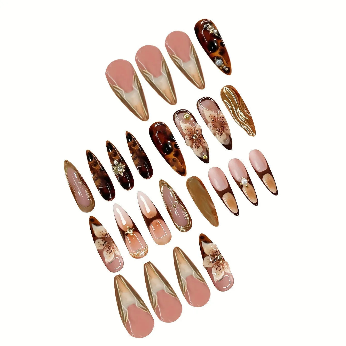 Press-on false nails with floral pattern design in XM325 colour, sweet Korean style.