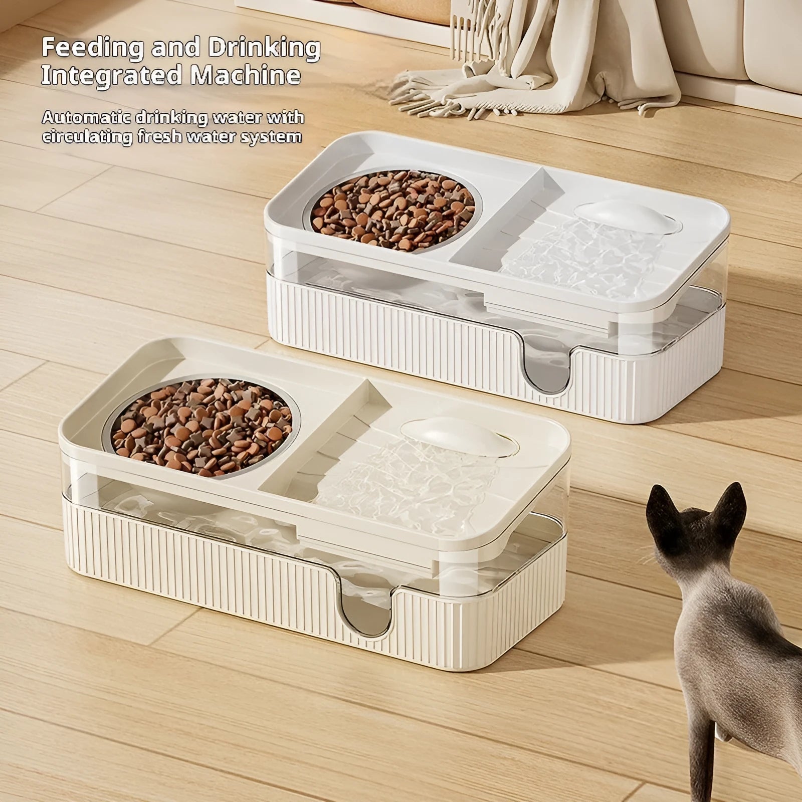 Automatic filtration and circulation cat water dispenser in cream colour with PP and stainless steel bowl