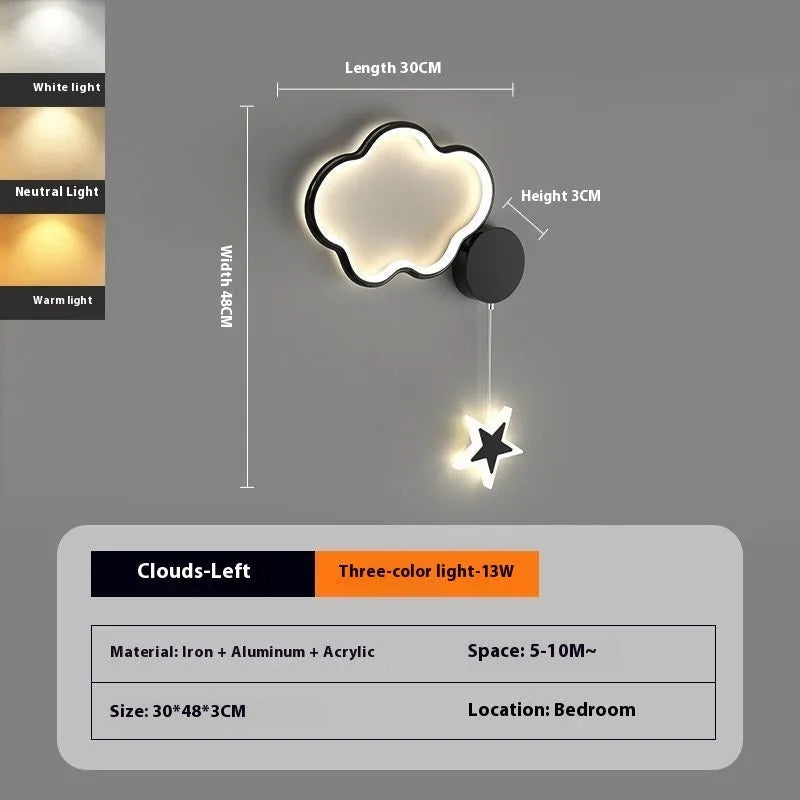 Cartoon cloud and five-pointed star themed bedside wall lamp for a child's room.