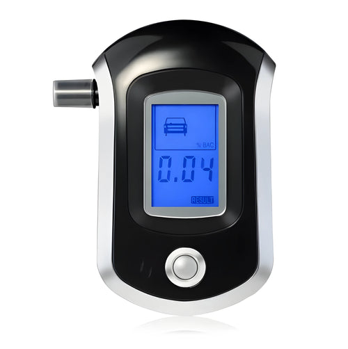 Black portable alcohol breath tester with digital LCD screen and five mouthpieces