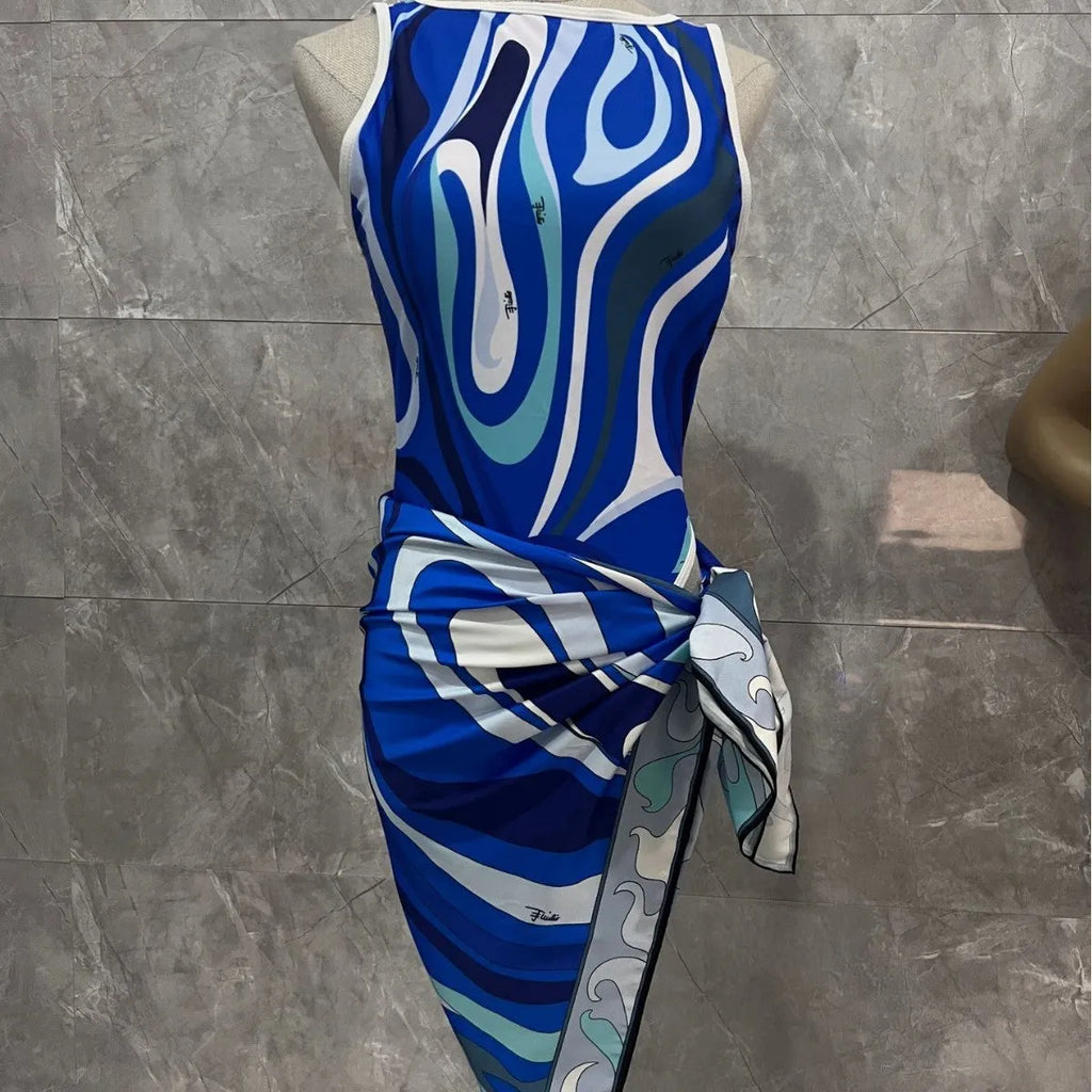 Women's striped polyester bikini set with square scarf in blue, front view, for swimming and wading