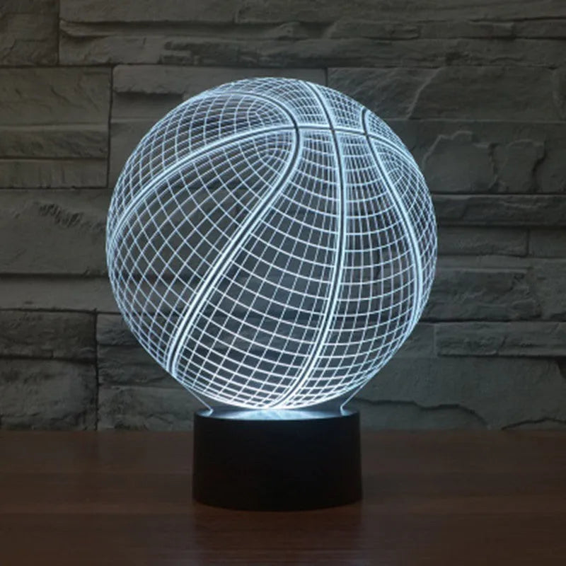 Basketball 3D Illusion Lamp with cyan light on acrylic glass showing three-dimensional effect
