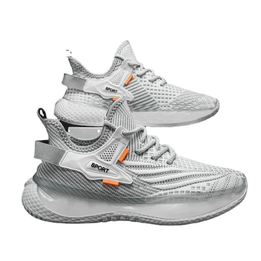 Men's white mesh platform sneakers with flat rubber sole and lace-up design