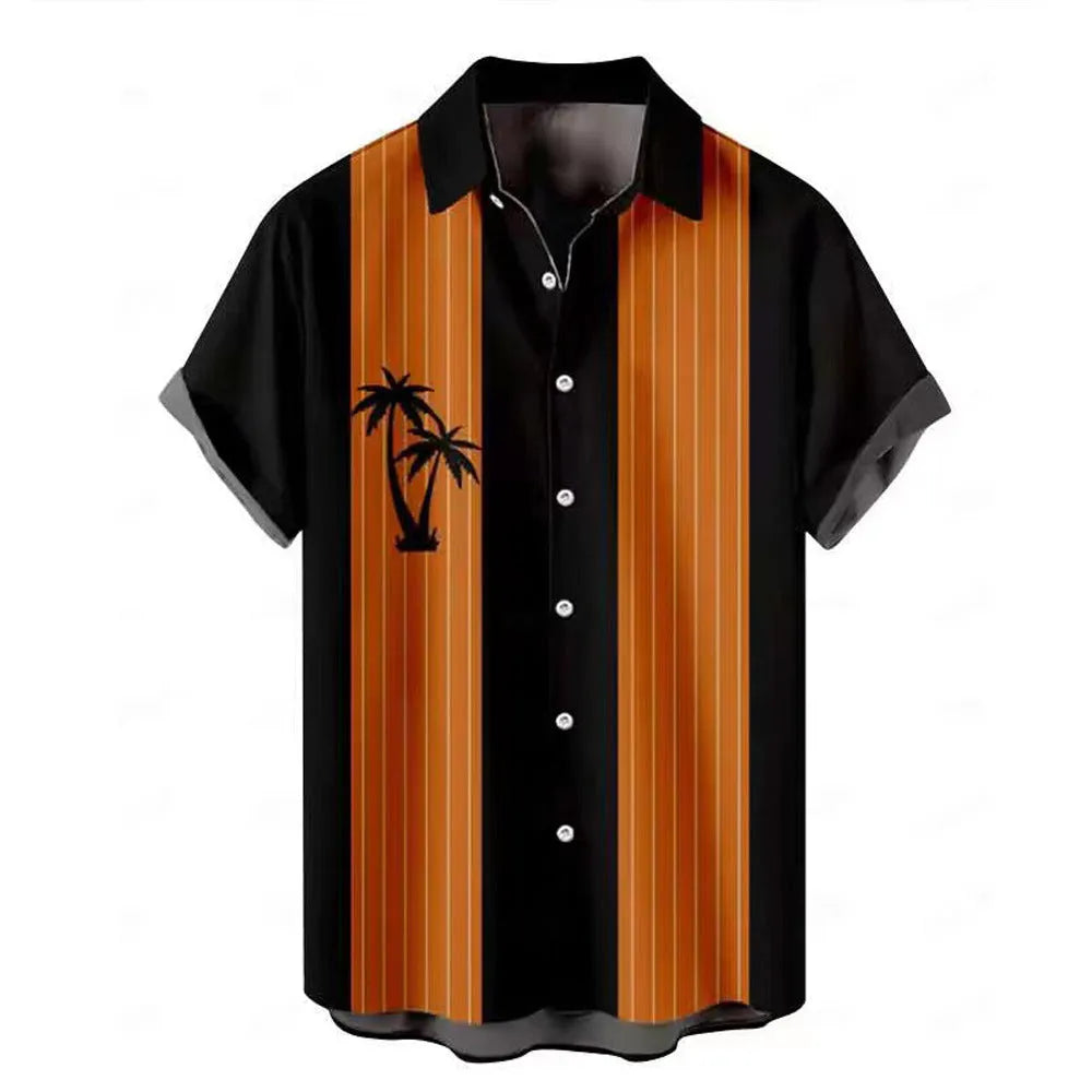 Men's short-sleeved Hawaiian shirt with a colourful 3D printed pattern, on a mannequin.