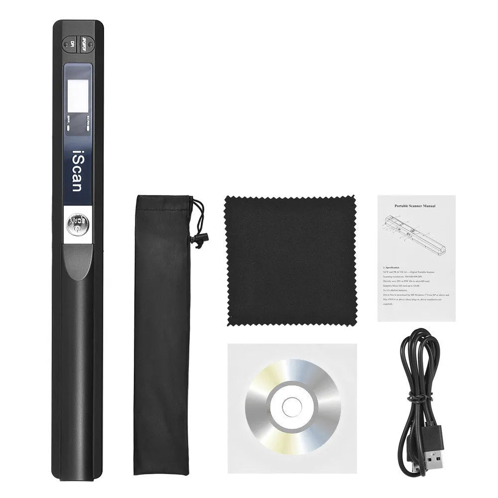 Handheld USB scanner in plastic housing shown in multiple colour options: black, blue, green, red, and silver.