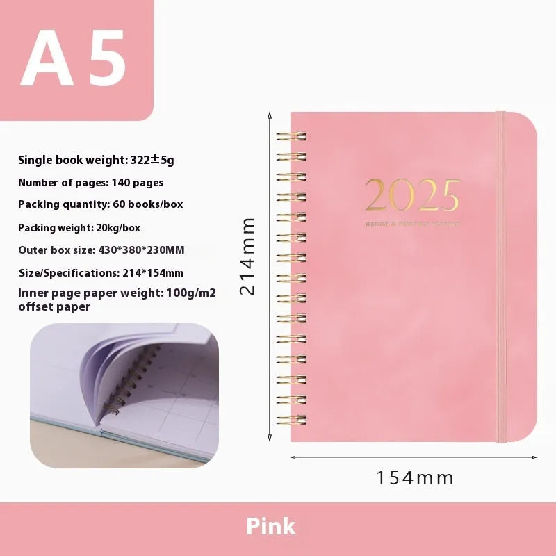 A5 leather notebook with metal coil binding in various colours including black, blue, and green.