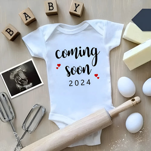 Announced Pregnancy 2024 newborn baby romper in pure cotton with short sleeves, triangle jumpsuit style, white colour, size 0-3M