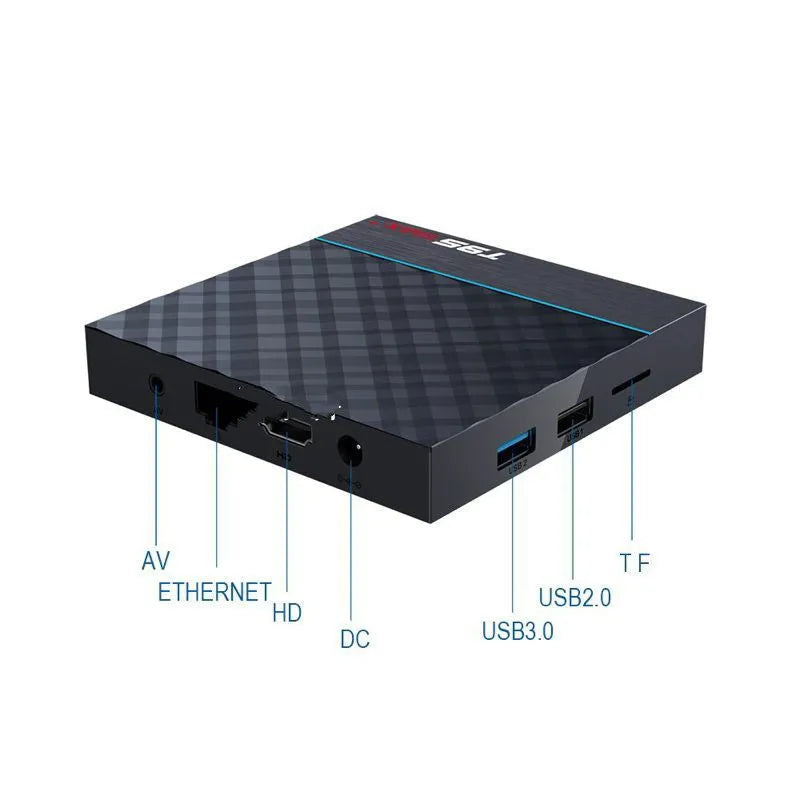 Black T95 Max Plus Android Smart TV Box with remote control on a wooden surface.