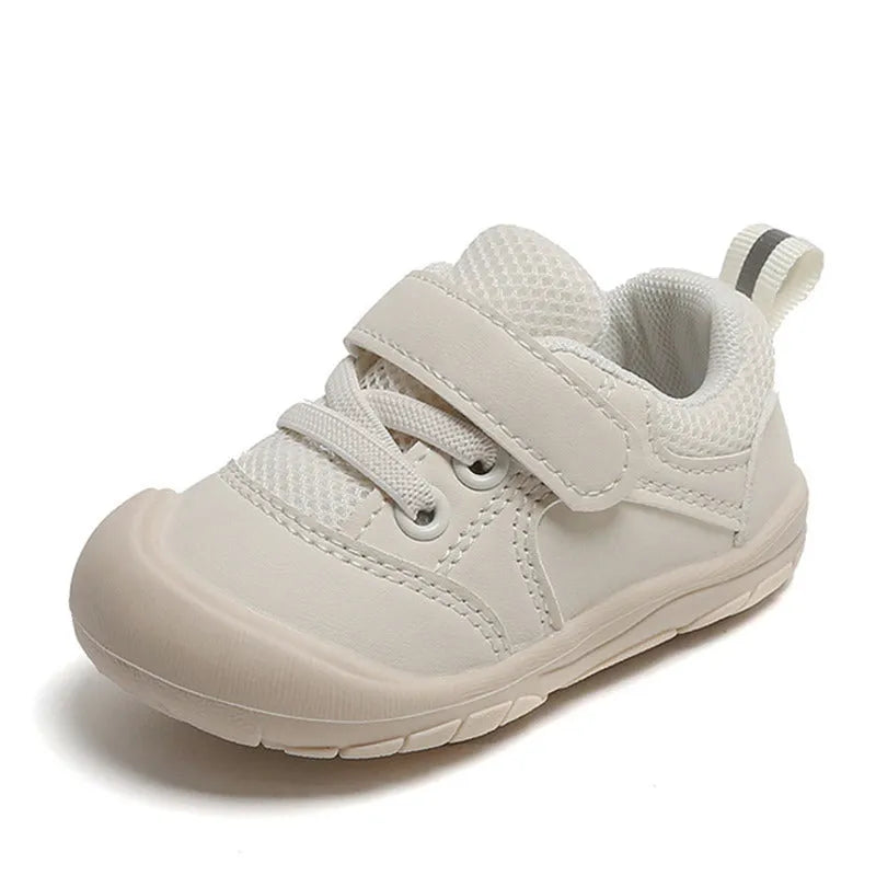 Blue toddler walking shoes with soft anti-skid sole and artificial PU upper
