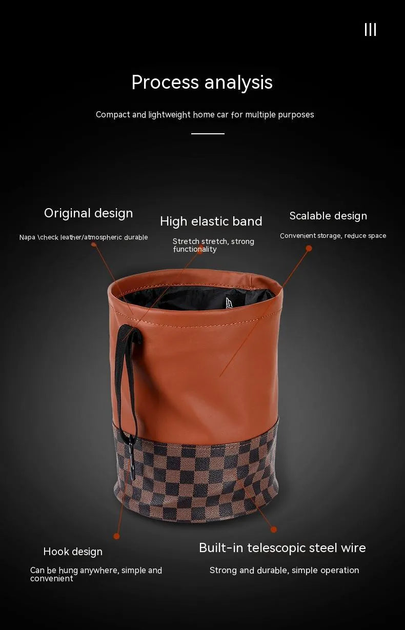 Leather folding car interior trash can shown in single colour option with handle