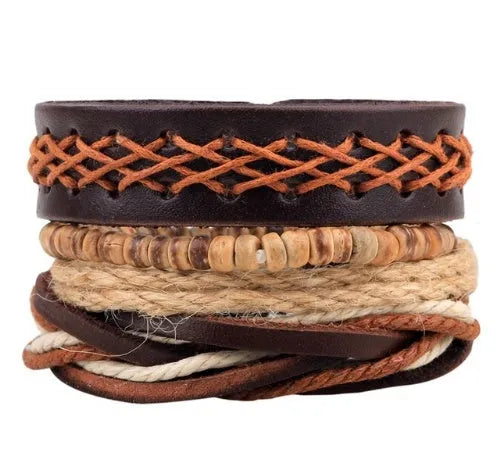Hand-woven leather bracelet with wooden beads and adjustable design for vintage punk style