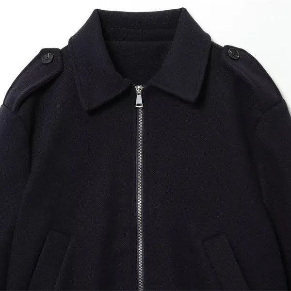Women's navy blue PU coat with turn-down collar, zip front, long sleeves, 50cm length, sizes XS to L.