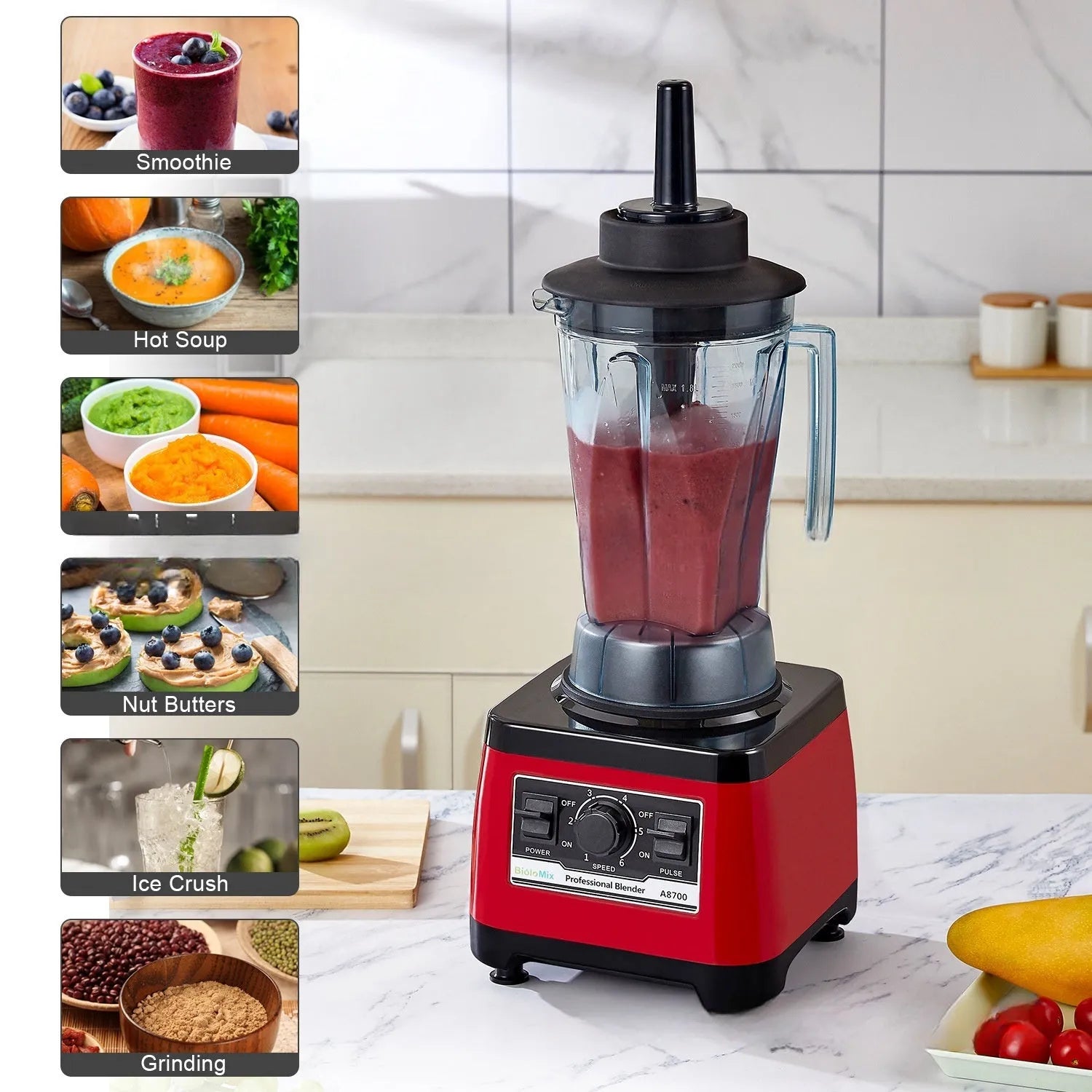 Red commercial blender with 2200W motor and 2L capacity container, industrial style construction