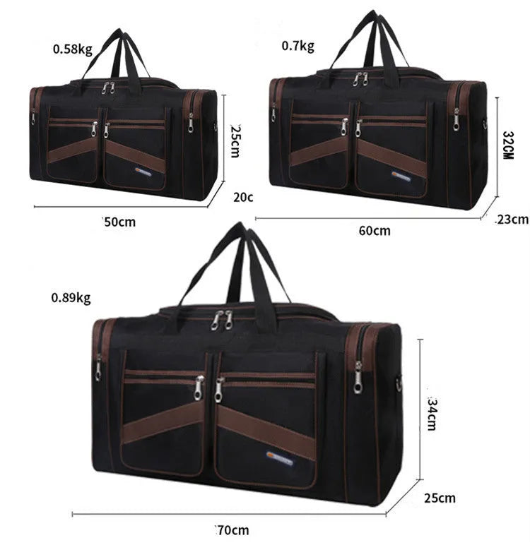 Foldable large capacity tote travel bag in Oxford cloth with zipper opening and soft handle, available in blue, grey, khaki, red