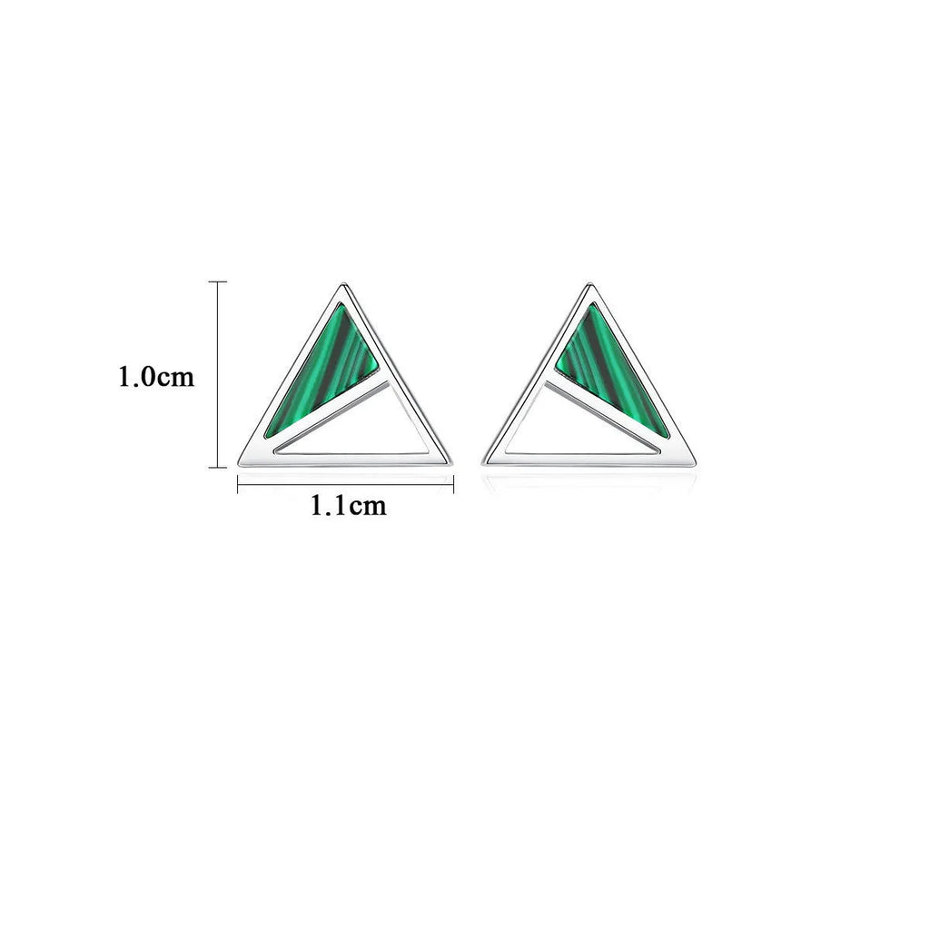 Green malachite stud earrings in silver with a geometric design and pure silver inlay gem setting