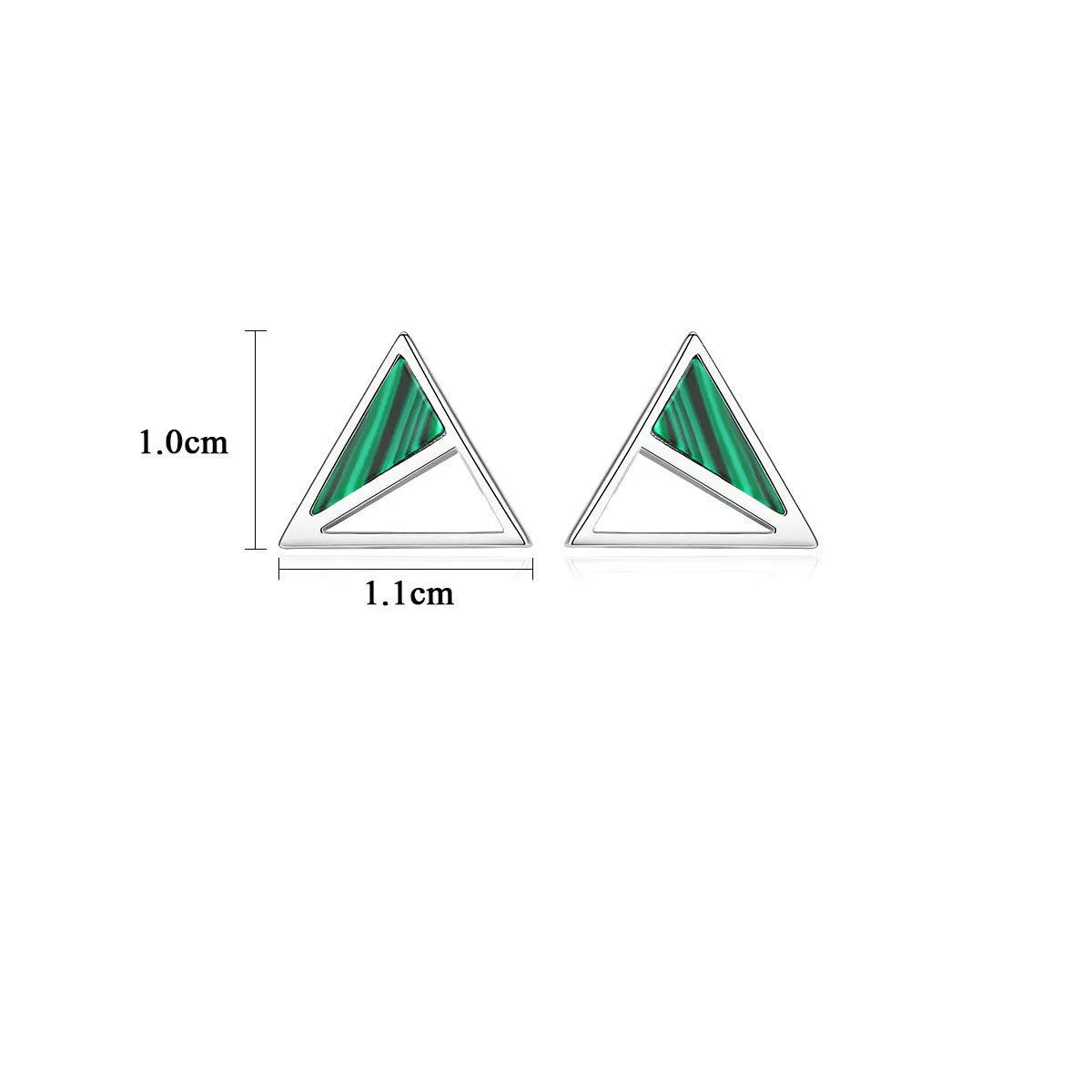 Green malachite stud earrings in silver with a geometric design and pure silver inlay gem setting