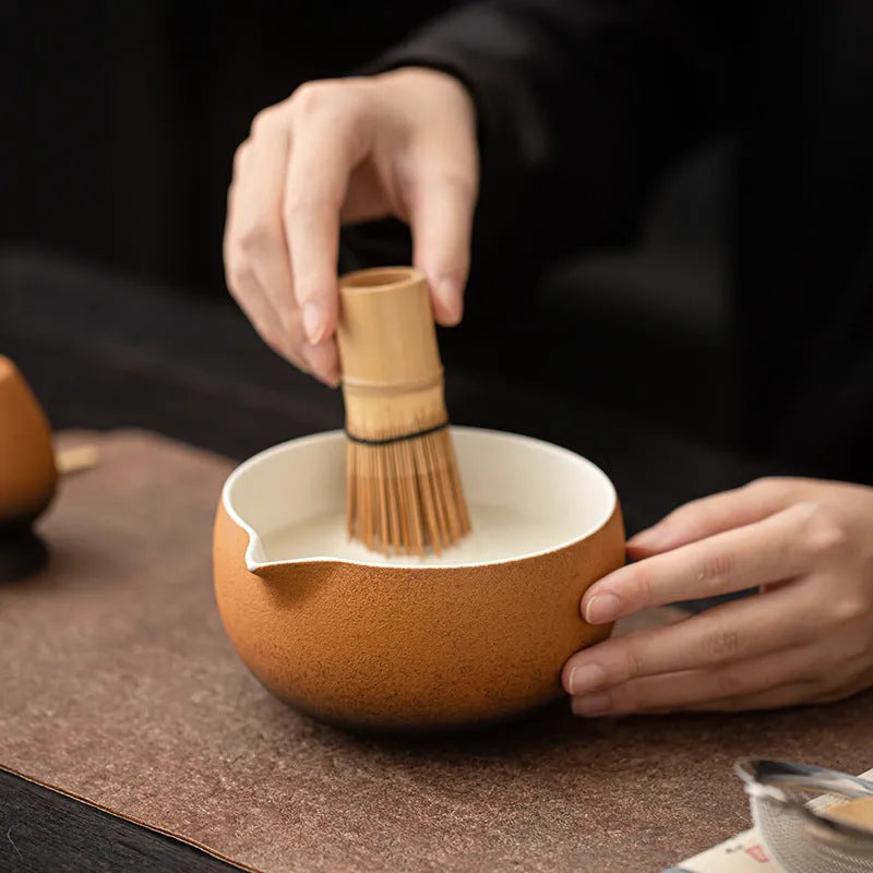 Guyun matcha eight-piece set with 600ml ceramic bowl, spoon, strainer, sifter, tea mat, stands and shelf