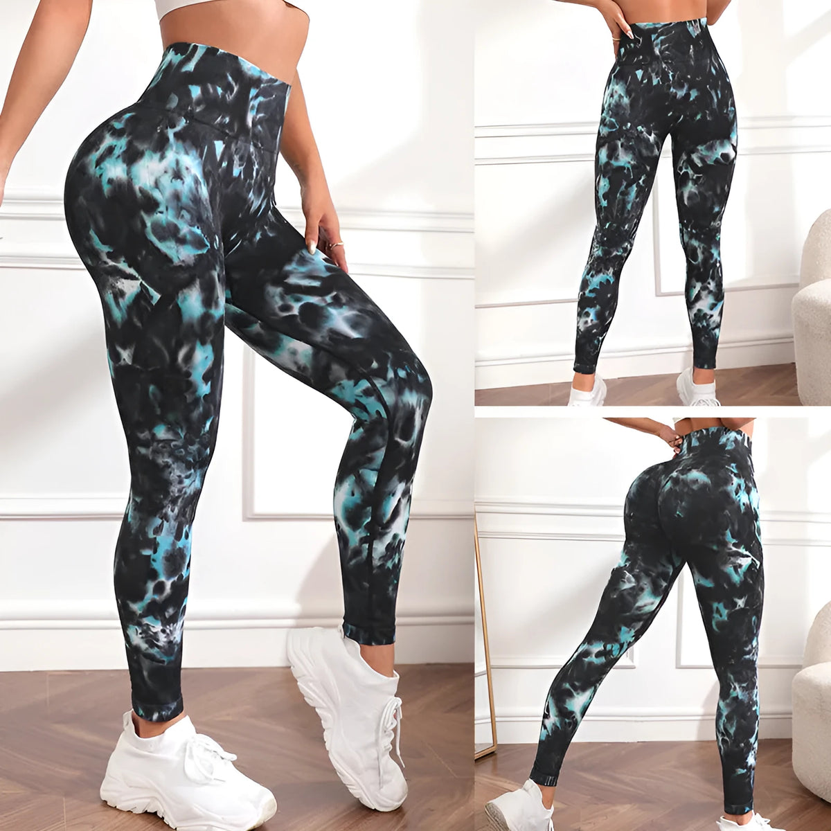 Black and green alternating yoga sports pants for women, nylon fabric, light green colour, fitness tights